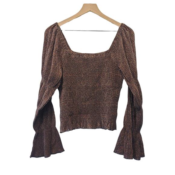 Anthropologie Brown Shimmer Puff-Sleeved Blouse - XL New - Picture 4 of 6